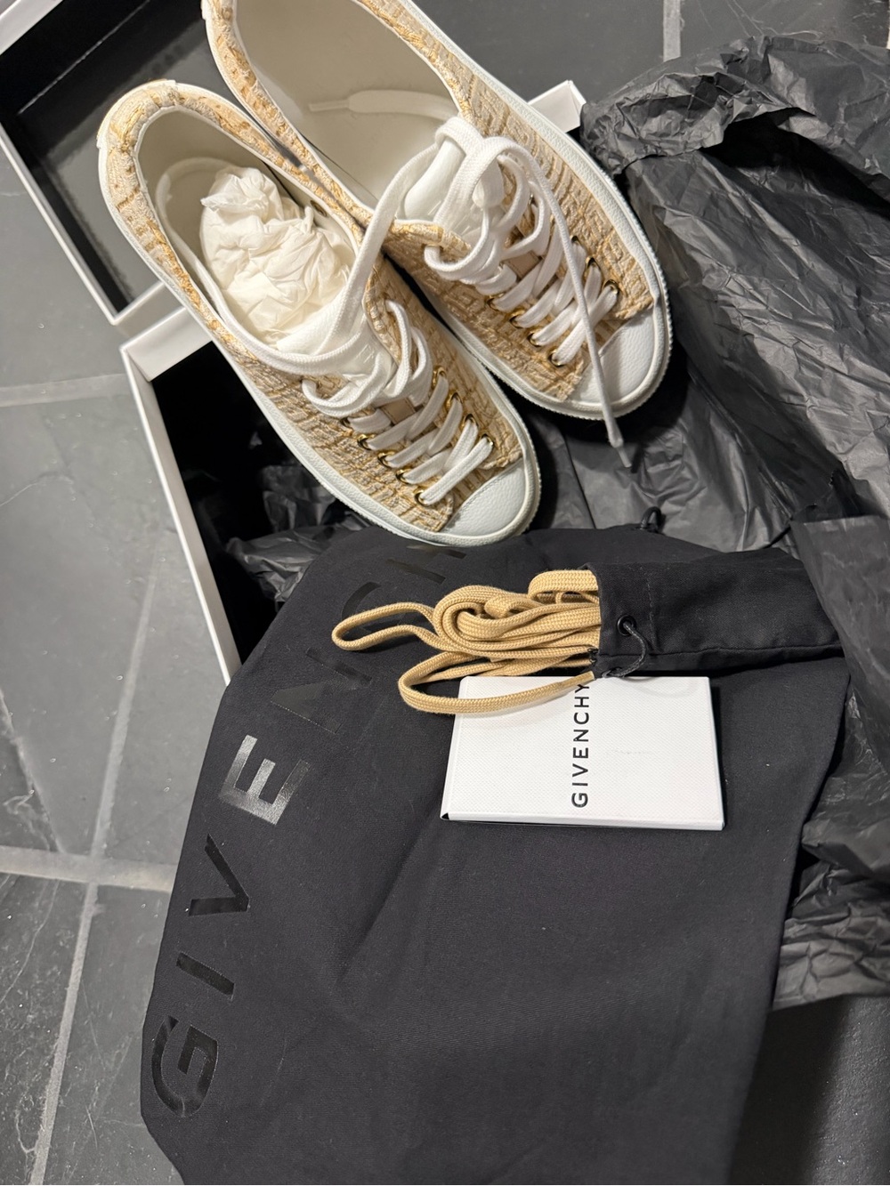 Givenchy White & Gold Tweed Low-Top Sneakers with Gold Eyelets